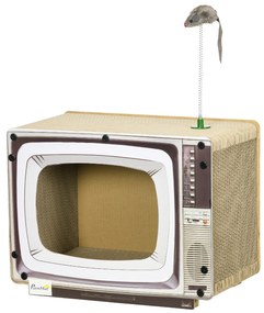 PawHut Arranhador Cartão Gatos Casa Televisor Brinquedo Rato 43x23x235 cm Areia Design Divertido Estimulante