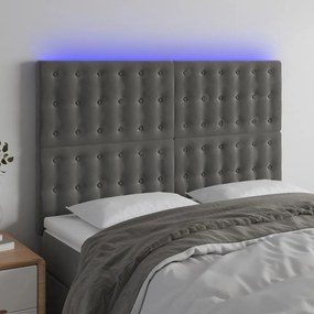 Cabeceira de cama c/ LED veludo 144x5x118/128 cm cinza-escuro