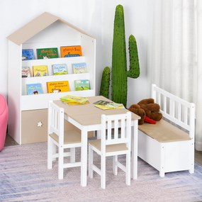 HOMCOM Conjunto Infantil de Mesa 2 Cadeiras e Banco com Armazenamento Móveis Infantil para Sala de Jogos Dormitório Branco e Natural