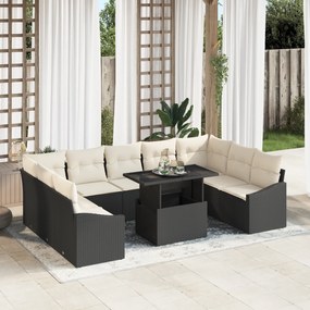 Conjunto de Sofá de Jardim com Almofadas em Rattan Preto - 10 Peças