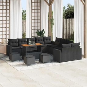 Conjunto de Sofá de Jardim vidaXL com Almofadas Preto Vime de Poliéster Acácia