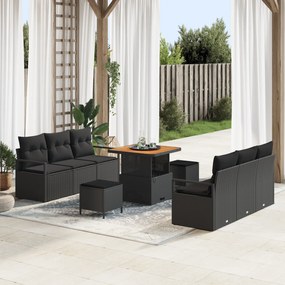 Conjunto de Sofá de Jardim de 9 Peças com Almofadas Preto Rattan Polif