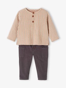 Conjunto camisa vichy + calças em bombazina, para bebé quadrados castanhos