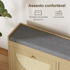 HOMCOM Banco Sapateira com Assento Acolchoado Portas em Vime Prateleira Ajustável para 8 Pares de Sapatos 104,5x24x48 cm Madeira