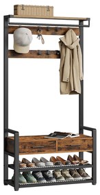 Bengaleiro entrada com banco para sapatos e 10 ganchos 30 x 80,4 x 181,6 cm preto-castanho vintage