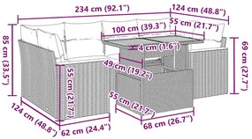 6 pcs conjunto sofás jardim c/ almofadões vime PE/acácia preto
