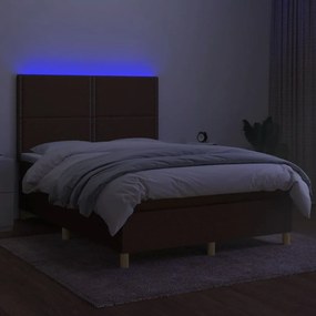 Cama box spring c/ colchão/LED 140x200cm tecido castanho-escuro