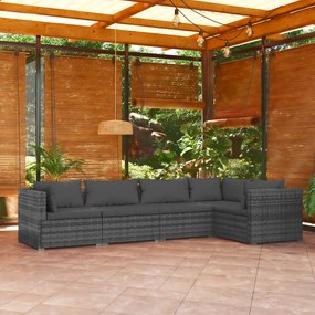 5 pcs conjunto lounge de jardim c/ almofadões vime PE cinzento