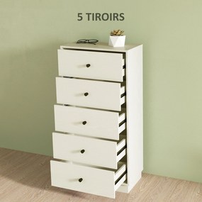 Cómoda com 5 gavetas 47 x 29 x 95 cm, móvel de arrumação alto e estreito, estilo moderno para quarto, sala de estar creme