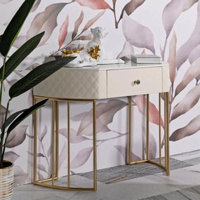 MESA CONSOLA SHARON 100X40X75 CM BRANCA, BEGE E DOURADA