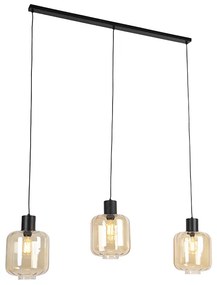 Candeeiro de suspensão design preto com vidro âmbar 3-luzes 161,5 cm - Qara