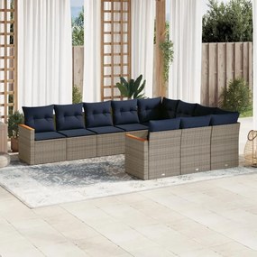 vidaXL 10 pcs conjunto sofás p/ jardim c/ almofadões vime PE cinzento