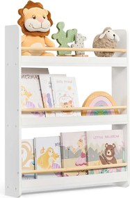 Estante infantil 12 x 60 x 75 cm com 3 prateleiras em branco e cor natural