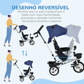 Triciclo para Bebés Dobrável 2 em 1 para Crianças com Toldo Dobrável Guiador Cinto de Segurança 112x50x104 cm Azul