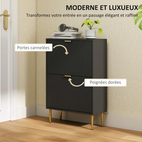Sapateira 60 x 24 x 91,5 cm com capacidade para 12 pares, com 2 gavetas rebatíveis, portas caneladas e prateleiras ajustáveis, preto