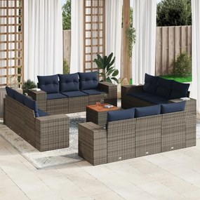 vidaXL 13 pcs conjunto sofás p/ jardim c/ almofadões vime PE cinzento