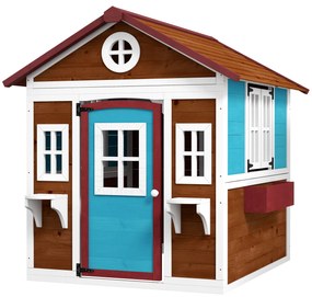 Casa de Brincar Infantil para Jardim Casa de Madeira para Crianças com Porta Janelas e Floreiras 114x127x135 cm Castanho