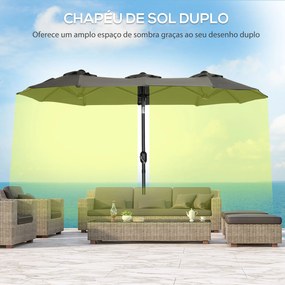 Chapéu de Sol Duplo 285x147x227cm Chapéu de Sol de Jardim com Inclinação de 45° Manivela Estrutura de Aço para Pátio Varanda Piscina Cinza