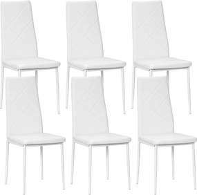 HOMCOM Conjunto de 6 Cadeiras de Sala de Jantar Estofadas em Couro Sintético com Encosto Alto e Pés de Aço 41x50x97 cm Branco | Aosom Portugal