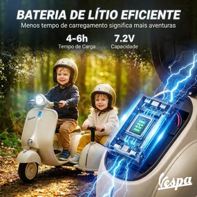 Mota Elétrica Infantil 6V VESPA com 2 Assentos Arranque Suave Luz Música USB e Arrumação Creme