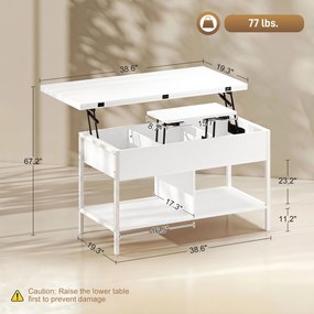 Mesa de centro 98 x 49 x 55 cm elevável e extensível, com compartimento oculto e prateleiras abertas, branca