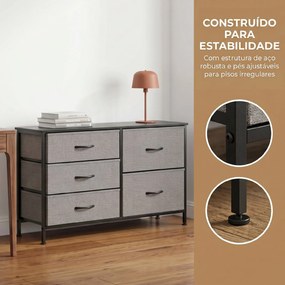 Cómoda com 5 Gavetas de Tecido com Estrutura de Aço Para Sala Escritório 100x30x53 cm Preto e Cinza Escuro