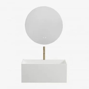 Conjunto De Móveis De Banheiro De Resina Com Pia Integrada E Luz Led Nerine Branco & Redondo Led E Anti-embaciamento Ø70 Cm Solyn - Sklum