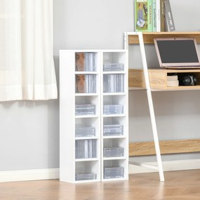 Conjunto de 2 estantes verticais para arrumação de CDs e DVDs, com 6 + 6 compartimentos, 21 x 19 x 88 cm, capacidade máxima: 160 CDs, branco
