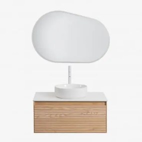 Conjunto De Móveis De Banheiro Em Madeira Tedrik Ash Castanho Fresno & Cerâmica Redonda Branca Ø40 Cm Lenka & Oval Led E - Sklum