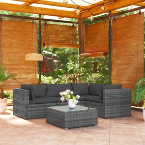 5 pcs conjunto lounge de jardim c/ almofadões vime PE cinzento