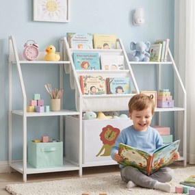 Estante infantil de 3 níveis, estante para livros infantis com gaveta em tecido, 93 x 30 x 76 cm, branca