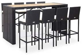 vidaXL 9 pcs conjunto de bar jardim vime PE e madeira acácia preto