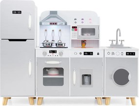 Cozinha de brincar 3 em 1 para crianças com frigorífico Máquina de lavar roupa Máquina de gelo Fogão Lava-loiça Forno com luzes e sons Cinzenta
