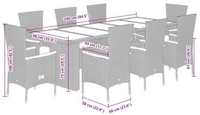 9 pcs conjunto de jantar p/ jardim c/ almofadões vime PE cinza