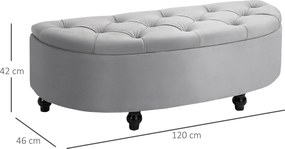 Banco com arrumação acolchoado em semicírculo com revestimento em veludo, pés em madeira de seringueira 120 x 46 x 42 cm, cinzento