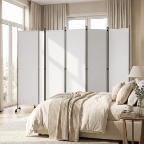 Biombo Separador de Espaço Dobrável de 6 Painéis, 331,5 x 35,5 x 173 cm, Rodas com Travão, Branco