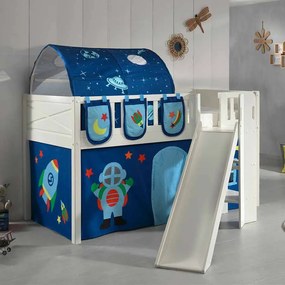 Conjunto cama Infantil SCOTT + escorrega + cortina de brincar ASTRO + Túnel + 3 bolsos de arrumação Branca