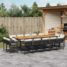 vidaXL 15 pcs conjunto de jantar p/jardim com almofadões vime PE preto