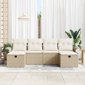 Conjunto de Sofá de Jardim de 6 Peças com Almofadas Bege Rattan Poliés