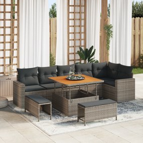 Conjunto de Sofá de Jardim de 9 Peças com Almofadas Cinza Rattan Polié