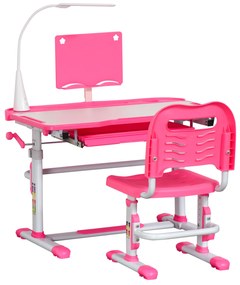 HOMCOM Conjunto de Secretária e Cadeira para Crianças acima de 3 Anos Secretária Infantil com Altura Ajustável Mesa Inclinável Gaveta Lâmpada LED e Suporte para Lápis 80x49,5x80-105cm e 36x34x60-73cm Rosa