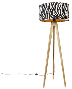 Candeeiro de pé vintage com abajur em madeira estampado com zebra 50 cm - Tripod Classic Rústico