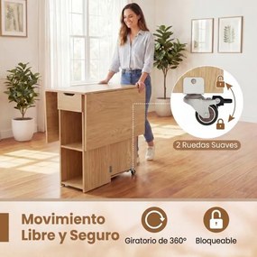 Mesa de jantar extensível 120 x 72 x 75 cm com 2 rodas; mesa de cozinha dobrável com prateleira, gaveta de 2 compartimentos e abas rebatíveis Natural