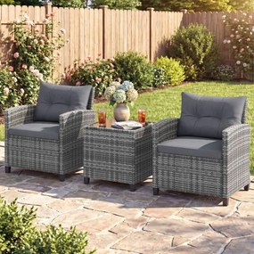 Conjunto de Jardim de 3 peças em rattan com almofadas macias e mesa em vidro temperado para varanda, alpendre ou jardim - cinzento