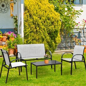 Conjunto Jardim de Mesa de Centro, 2 Cadeiras, Banco e Mesa de Centro de Jardim em Ferro e Malha para Terraço Exterior Cinzento