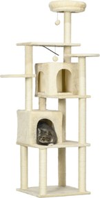 PawHut Árvore para Gato Torre de Escalada Arranhador Altura 171 cm com 2 Tocas 6 Plataformas 2 Pompons Suspensos Bege | Aosom Portugal