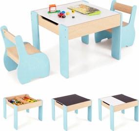 Conjunto de Mesa de Atividades e 2 Cadeiras Infantis, 63,5 x 61,5 x 48 cm, 4 em 1, Azul