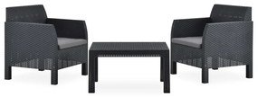 vidaXL 3 pcs conjunto lounge jardim com almofadões vime PP antracite