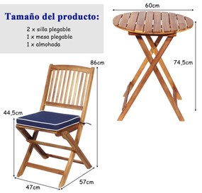 Conjunto 5 Peças Móveis Bistro de Madeira 2 Cadeiras com Almofada Mesa de Madeira de Acácia Mesa de Exterior Dobrável para Terraço Jardim Piscina Azul