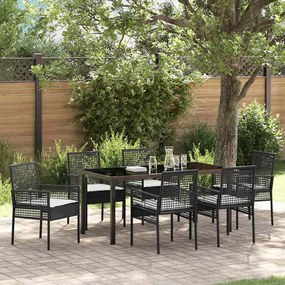 vidaXL Conjunto de Jantar com 7 Peças e Almofadas Black Poly Rattan